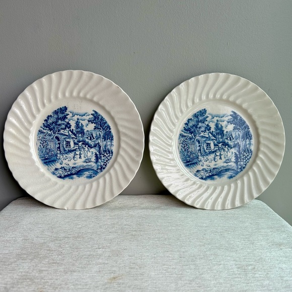 (2) [RARE] vintage ironstone blue transferware dinner plates JAPAN blue willow - Picture 2 of 5